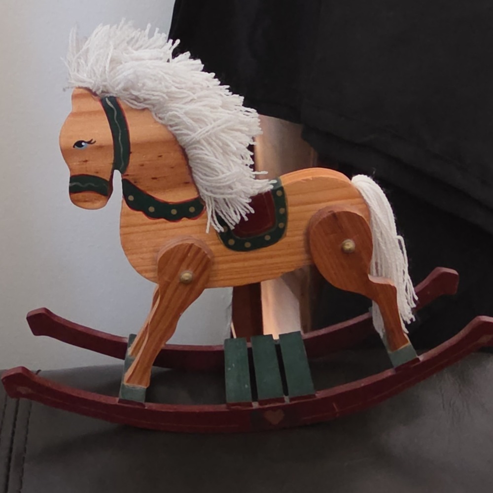 Wooden Rocking Horse Toy with Yarn Mane, Tail, and Decorative Painted Saddle